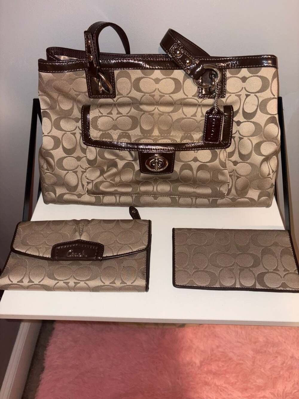 Coach Signature Khaki Canvas Gallery Tote Bag w/ Matching Wallet and Checkbook
